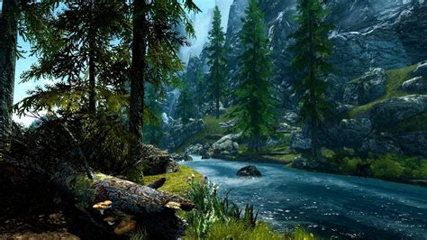 Download Tree Mountain Forest River Earth Video Game The Elder Scrolls V: Skyrim HD Wallpaper