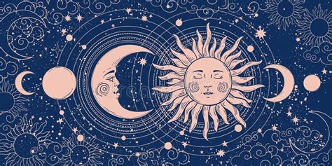 Magic banner for astrology, tarot, boho design. Universe art, crescent moon and sun on a blue ...