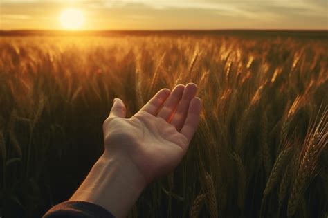 Premium AI Image | A hand reaching up to the sun in a field of wheat