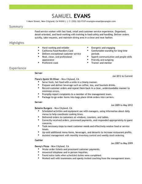 Best Fast Food Server Resume Example From Professional Resume Writing Service