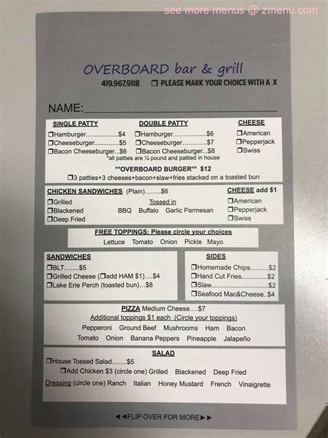 Menu at Overboard Bar & Grill, Port Clinton, W Lakeshore Dr