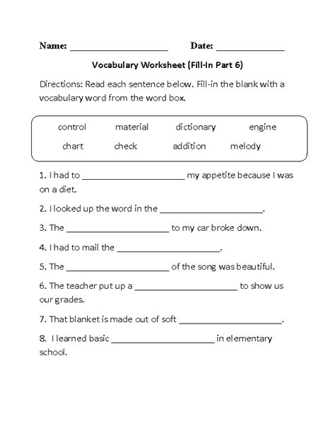 Vocabulary Worksheets | Fill-In Vocabulary Worksheets Part 6