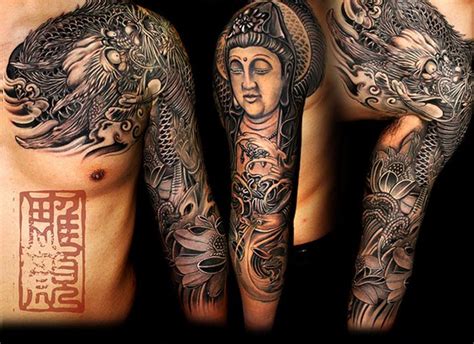 Amazing Japanese style sleeve with Buddha and a dragon | Buddha tattoos ...