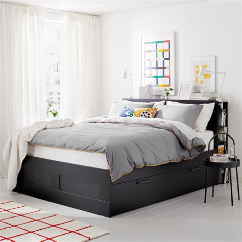 BRIMNES bed frame with storage & headboard, black/Luröy, Queen - IKEA
