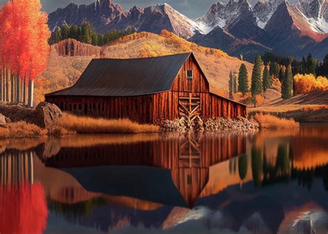 Illustration of the old barn by the lake in the middle of the scenic autumn landscape, AI ...