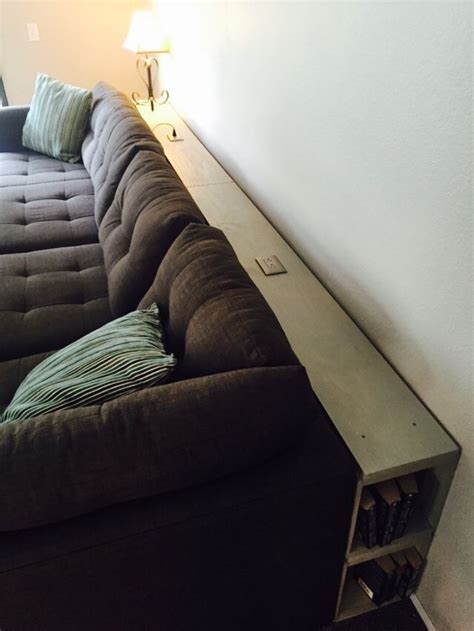 Behind-the-couch shelf, with electrical outlets and side book shelves ...