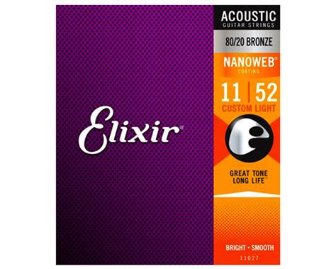 Elixir Strings 11027 Nanoweb 80/20 Acoustic Guitar Strings .011-.052 Custom Light Acoustic ...