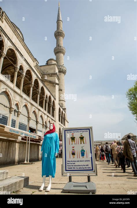 Sign showing the dress code for entry into the Blue mosque, Sultanahmet ...