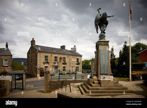 Glossop market town, the High Peak, Derbyshire, England. Hadfield village memorial and The ...