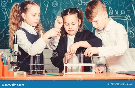 Little Kids Learning Chemistry in School Lab. Students Doing Biology ...