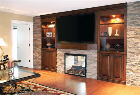 Favored Brown Wooden Fireplace Entertainment Center With Stacked Stones ...