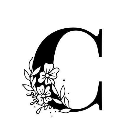 the letter c with flowers and leaves is shown in black on a white background,