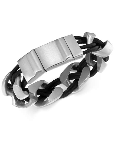 Macy's Men's Linked Bracelet in Leather and Stainless Steel & Reviews - Bracelets - Jewelry ...