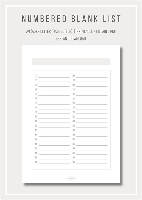 Numbered Blank List Simple List Template Printable List Digital List to Do List A4 and Letter ...