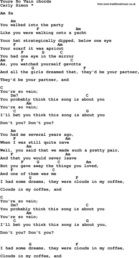 Song lyrics with guitar chords for You're So Vain