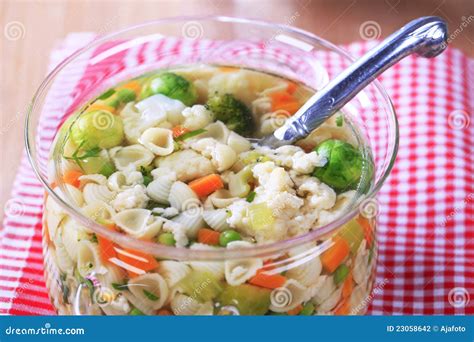 Vegetable Soup with Pasta Shells Stock Photo - Image of peas, pasta ...