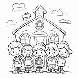 Sekolah Mewarnai Halaman Prasekolah Dengan Anak Di Depan  sketch template