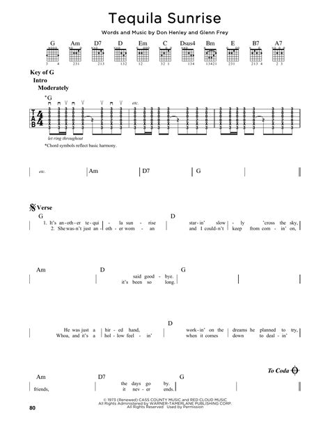 Tequila Sunrise by Eagles - Guitar Lead Sheet - Guitar Instructor