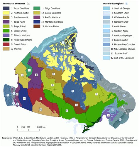 Human Activity and the Environment: Map 1 — Terrestrial ecozones and marine ecoregions of Canada