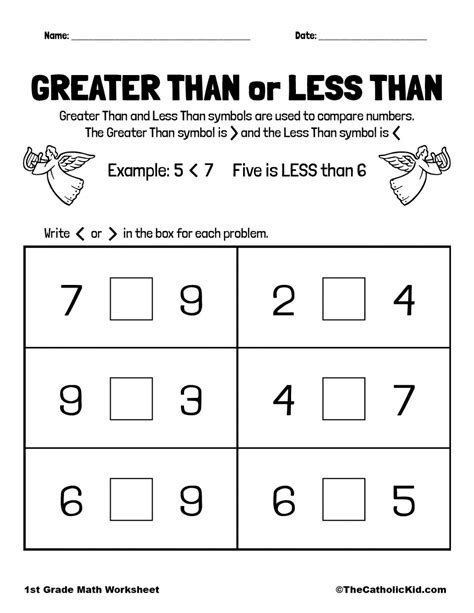 Great Than or Less Than - 1st Grade Math Worksheet Catholic