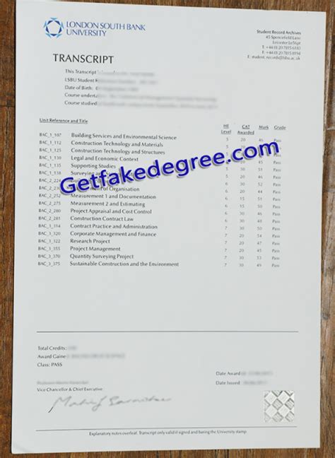 Custom Fake London South Bank University Transcript for UK - Buy Fake ...