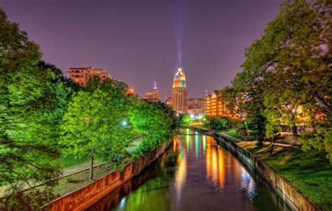 usa, Houses, Texas, Canal, Night, Street, Lights, Trees, Hdr, San, Antonio, Cities