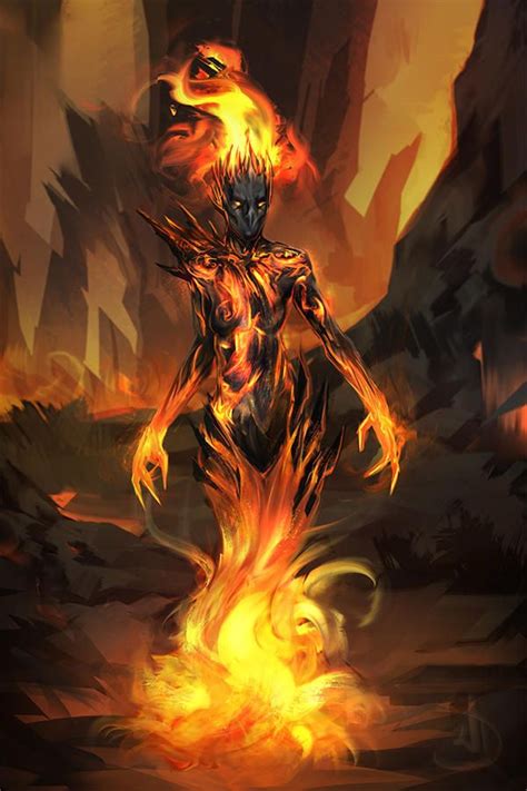 a painting of a demon standing in the middle of a fire filled area with flames