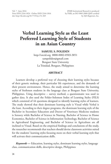 (PDF) Verbal Learning Style as the Least Preferred Learning Style of ...