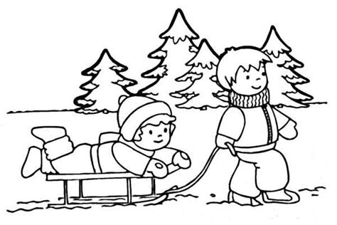 a boy pulling a sled with a girl on it in the snow coloring page