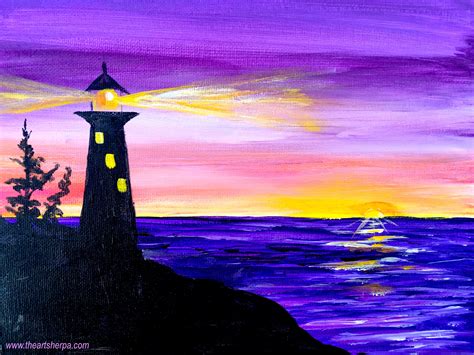 Easy sunrise painting of a Silhouette lighthouse with light on!! This is a fully guided real ...