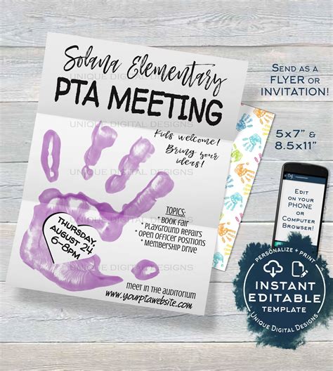 Editable PTA Meeting Invitation, Parent Teacher Invite, pto ptsa School Meeting Flyer Digital ...