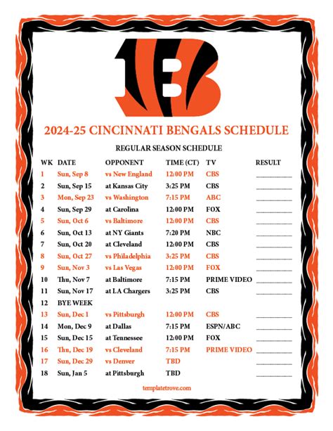 Printable 2024-2025 Cincinnati Bengals Schedule