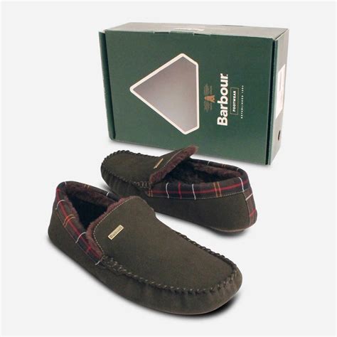 Mens Olive Green Barbour Indoor Luxury Fur Slippers