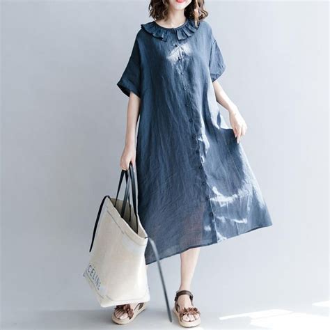 Elegant navy cotton linen dress casual dress fine short sleeve patchwork Peter pan Collar ...