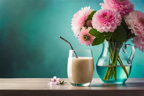 Premium AI Image | A glass of milk with a vase of flowers next to it
