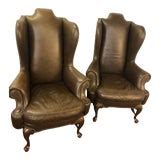 Vintage Mid-Century English Green Leather Chesterfield Wingback Chair | Chairish