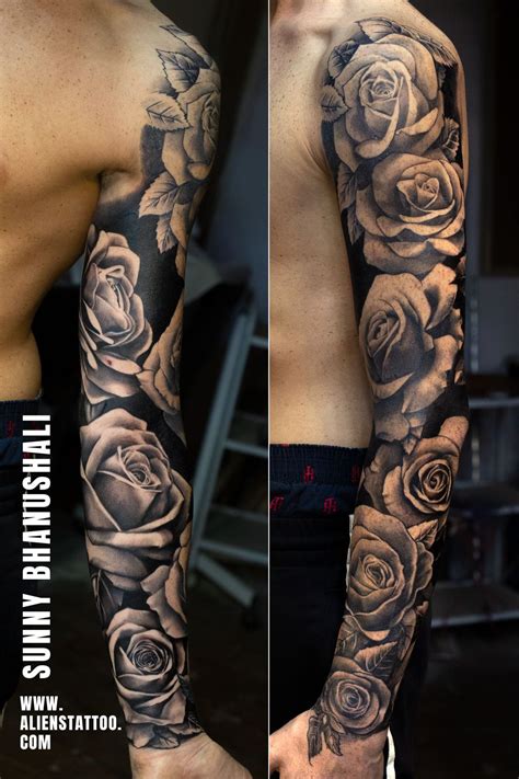 Rose sleeve on Actor Laurie Calvert by Sunny Bhanushali at Aliens Tattoo, India #Tattoosformen ...