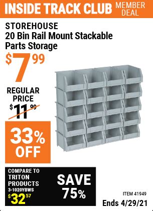 STOREHOUSE 20 Bin Rail Mount Stackable Parts Storage for $7.99 – Harbor Freight Coupons