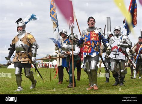 Medieval re-renactors stage are-enactment of the Battle of Tewkesbury during the Tewkesbury ...