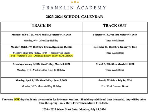 Parents – School Calendar | Franklin Academy