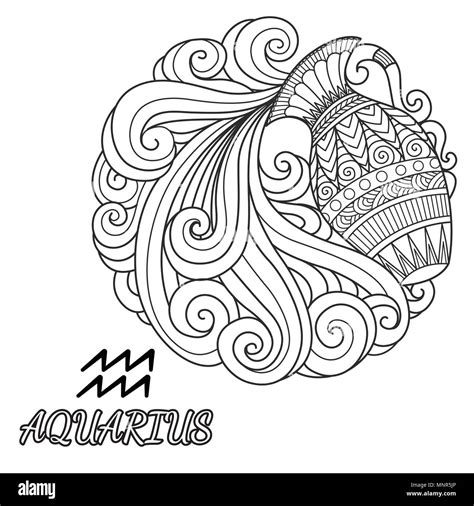 Line art design of Aquarius zodiac sign for design element and coloring book page. VEctor ...