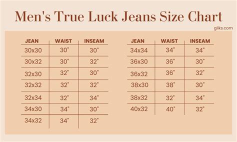 Glik's Size Chart - True Luck Jeans