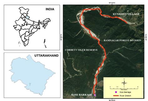 Map showing 32 km long stretch of River Kosi flowing through Ramnagar ...