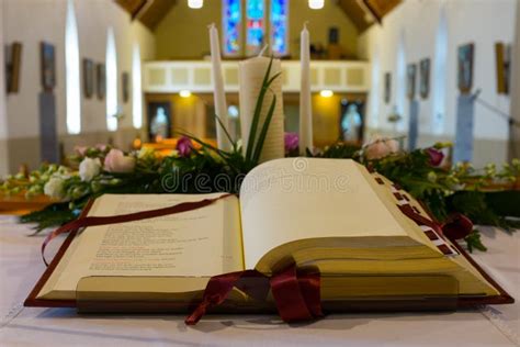 Open Bible In Church. Close Up Stock Photo - Image of praying, flowers ...