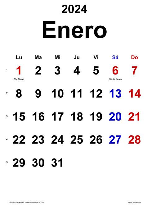 Calendario enero 2024 en Word, Excel y PDF - Calendarpedia