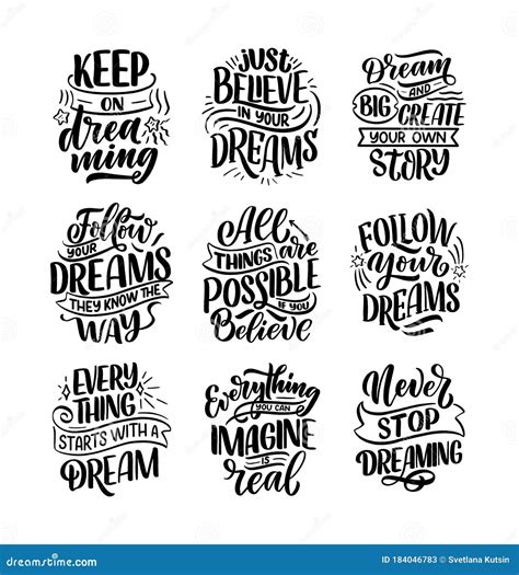 Set with Inspirational Quotes about Dream. Hand Drawn Vintage ...