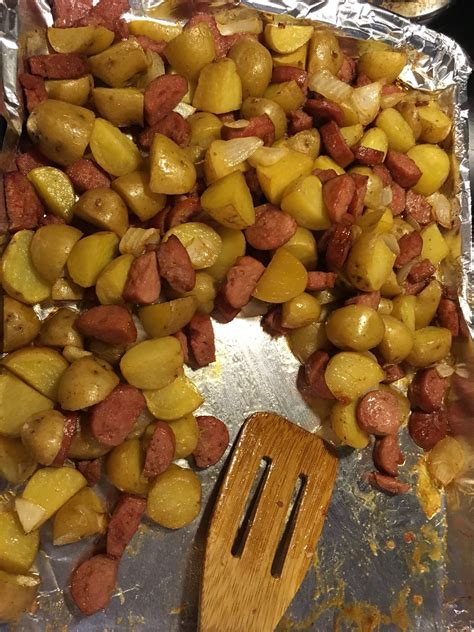 Eckrich sausage, potatoes, onion. Coated in garlic powder ...