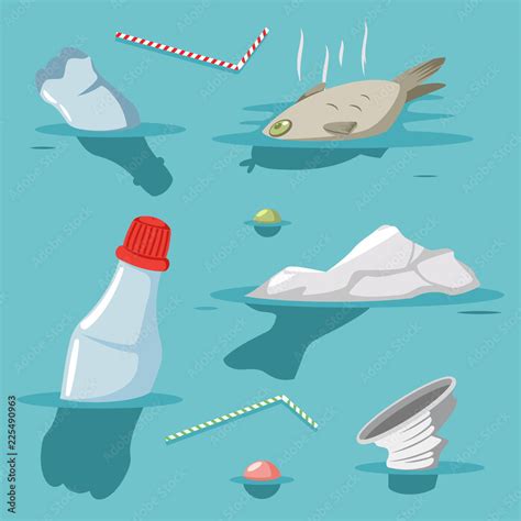 Plastic trash in the ocean. Sea with garbage, waste. Vector cartoon ...