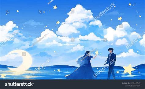 Anime Couple Dancing Together Shining Cloudy Stock Illustration ...