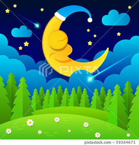 Cute Cartoon Moon In The Night Sky. Sleeping Moon - Stock Illustration [59384671] - PIXTA